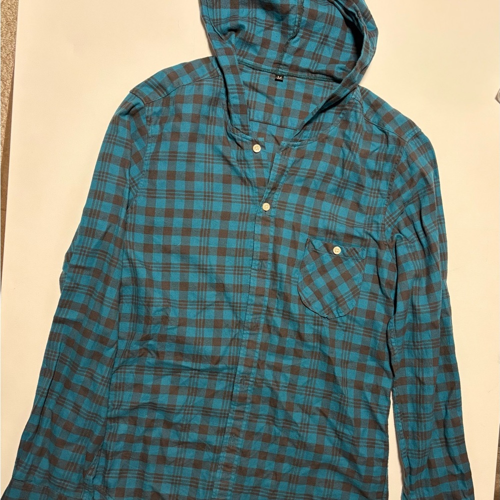Blue and Black Plaid Hooded Shirt